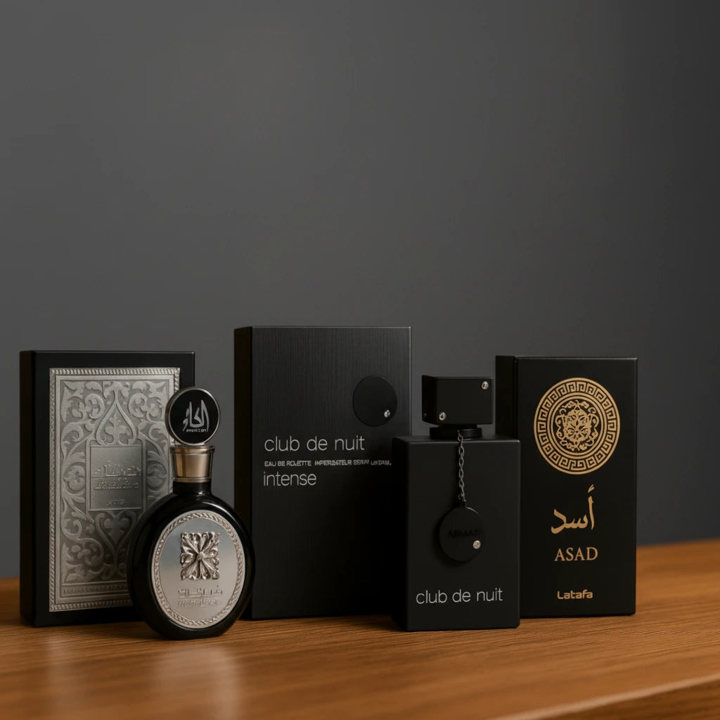Compre 1 leve 3 Perfumes Árabes Masculinos (Asad Lattafa,Club de Nuit, Fakhar Black)